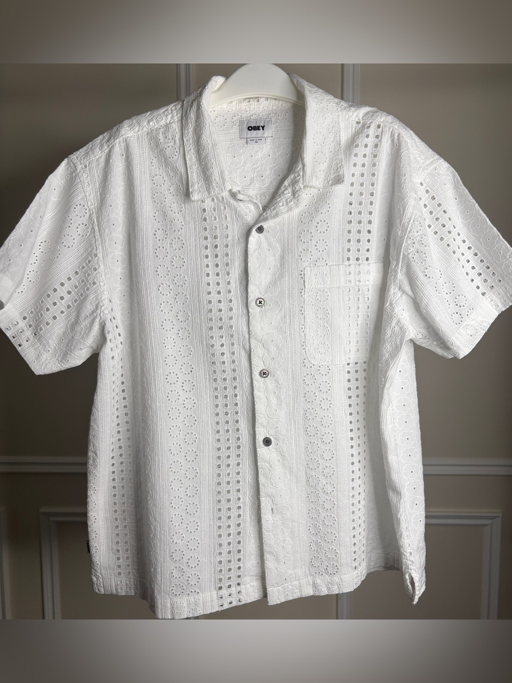 Obey White Eyelet Short-Sleeve Button-Up Cotton Shirt
